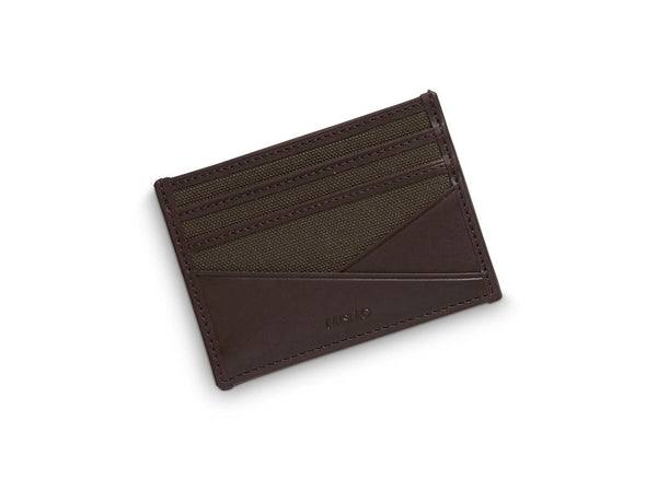 An everyday essential. Canvas/leather cardholder with 3 slots for credit cards on each side. Open pocket in the middle for bills, notes etc.  Measurements: L: 10  H: 7,5  W: 0,5cm Body: Tight-woven cotton canvas Fabric composition: CO 94% PU 4% PC 2% - 709 gr/rm Trimmings: Custom developed dark brown vegetable tanned full-grain bridle leather  Lining: 100% cotton in Army colour  Art. no. MS090112
