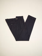Berwich model Retro pants with 1 pleat in front and side adjusters. Very up-to-date and comfortable carrot model; nicely roomy upper part and slim in the bottom. Color: Navy Model: Retro Article: sb1201 Made in Martina Franca, Italy