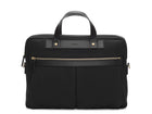 Measurements:  L: 39  H: 29  W: 8cm Body: Water-repellent cotton and nylon blended canvas Fabric composition:  PA 47% PL 20% CO 20% PC 6% PU 7%  /  812g/m  Trimmings: Black custom developed vegetable tanned full-grain bridle leather   Lining: 100% cotton in army colour  Hardware: Solid brass with varnish protection  Zipper: Hand polished YKK Excella Art. No. MS466418 A softer and more casual counterpart to the M/S Briefcase, the M/S Office is designed with dual front pockets that zip open 