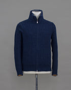 Gran Sasso heavy ribbed knitted jacket with full length two way zip in front. Great piece for layering as the weather gets colder. Art. 10155 / 19643 Col. 589 / Blue 80% Wool 10% Cashmere 10% Viscose