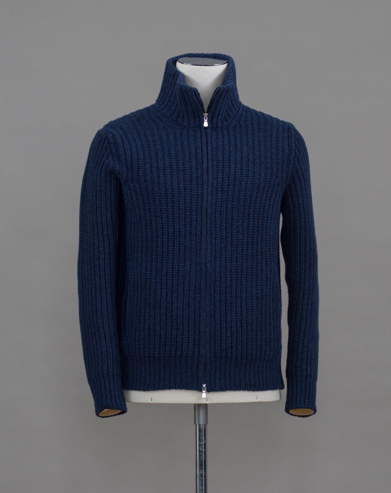 Gran Sasso heavy ribbed knitted jacket with full length two way zip in front. Great piece for layering as the weather gets colder. Art. 10155 / 19643 Col. 589 / Blue 80% Wool 10% Cashmere 10% Viscose