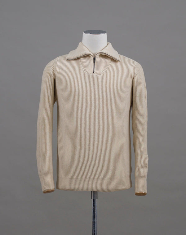 Mod. Anorak Art. 7 .C110 Col. Ecru 90% Wool 10% Cashmere Made in Florence, Italy G.R.P. Firenze Wool & Cashmere Half-Zip Ribbed Knit / Ecru