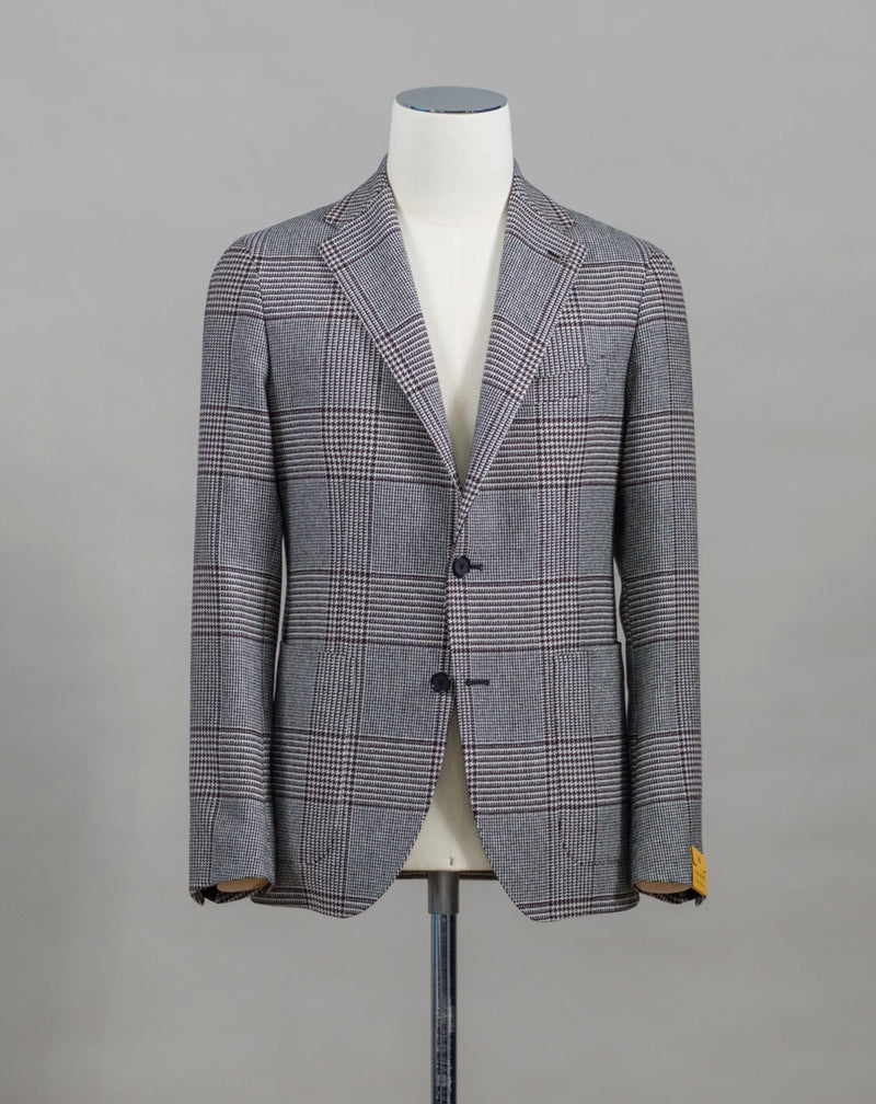 Tagliatore Wool & Cotton Glencheck Jacket. Bold checks, but very sophisticated color way.  100% wool Mod. 1SMC22K Col. EC840 / Light Grey & Burgundy Made in Martina Franca, Italy Tagliatore Wool Glencheck Jacket / Light Grey & Burgundy