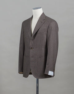 100% Wool / Super 120's Mod. Tosca Art. BF2CM304A Col. 0560 / Mid Brown Side vents2 Patch pockets Half lined Unconstructed shoulder 3 Buttons rolled on 2 buttons Caruso Wool Puppytooth Jacket / Mid Brown