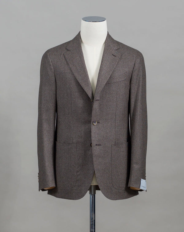 100% Wool / Super 120's Mod. Tosca Art. BF2CM304A Col. 0560 / Mid Brown Side vents2 Patch pockets Half lined Unconstructed shoulder 3 Buttons rolled on 2 buttons Caruso Wool Puppytooth Jacket / Mid Brown