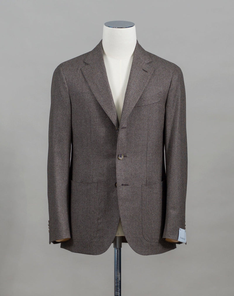 100% Wool / Super 120's Mod. Tosca Art. BF2CM304A Col. 0560 / Mid Brown Side vents2 Patch pockets Half lined Unconstructed shoulder 3 Buttons rolled on 2 buttons Caruso Wool Puppytooth Jacket / Mid Brown