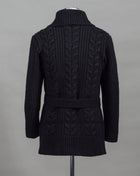 Tagliatore super chunky cable shawl collar cardigan with belt. 65% Wool 25% Polyamide 10% Alpaca Mod. Kean Art. PWI22-02 Col. Black