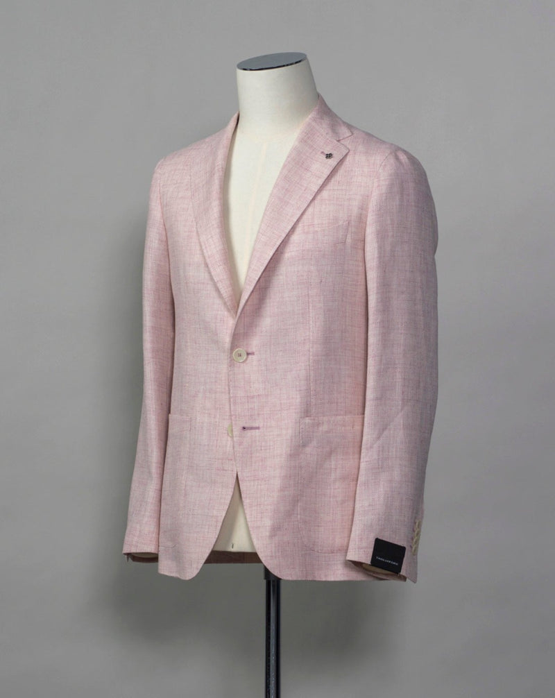 Tagliatore unconstructed jacket crafted in wool and linen cloth.  Composition: 60% Linen 40% Virgin wool Modello: Monte Carlo / 1SMC22K Color: Light Rosa / Y1019 Unconstructed Unlined 2 Buttons Notch lapel Patch pockets Side vents Made in Martina Franca, Italy