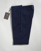 Berwich Morello with a little silk added to the fabric for a soft and luxurious touch. Great summer chinos.  Composition: 88% Cotton 10% Silk 2% Elastan Model: Morello-GD (Garment dyed) Article: tf0599x Color: Navy / 665 Made in Martina Franca, Italy