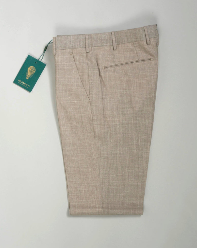 These are made of outstanding Loro Piana Summertime fabric. Wool, silk and linen is a great mix, maintaining the easiness of linen while wool and silk bring durability and touch of luxury to the garment.   Slim fit Fits true to the size. Fabric: Loro Piana Summertime: 71% Virgin wool natural stretch 15% Silk 14% Linen Color: Beige Button closure with zippered fly Slanted front pockets and two back pockets Model: Morello Article: lp183u Made in Martina Franca, Italy