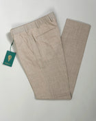 These are made of outstanding Loro Piana Summertime fabric. Wool, silk and linen is a great mix, maintaining the easiness of linen while wool and silk bring durability and touch of luxury to the garment.   Slim fit Fits true to the size. Fabric: Loro Piana Summertime: 71% Virgin wool natural stretch 15% Silk 14% Linen Color: Beige Button closure with zippered fly Slanted front pockets and two back pockets Model: Morello Article: lp183u Made in Martina Franca, Italy