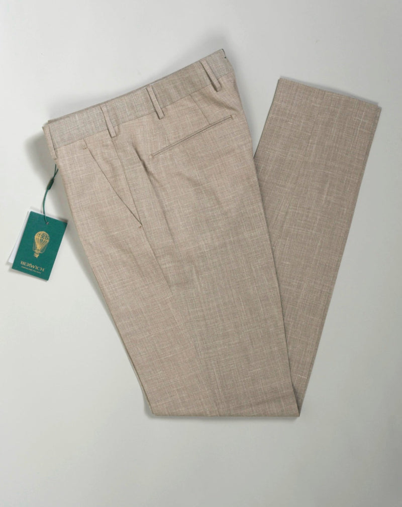 These are made of outstanding Loro Piana Summertime fabric. Wool, silk and linen is a great mix, maintaining the easiness of linen while wool and silk bring durability and touch of luxury to the garment.   Slim fit Fits true to the size. Fabric: Loro Piana Summertime: 71% Virgin wool natural stretch 15% Silk 14% Linen Color: Beige Button closure with zippered fly Slanted front pockets and two back pockets Model: Morello Article: lp183u Made in Martina Franca, Italy