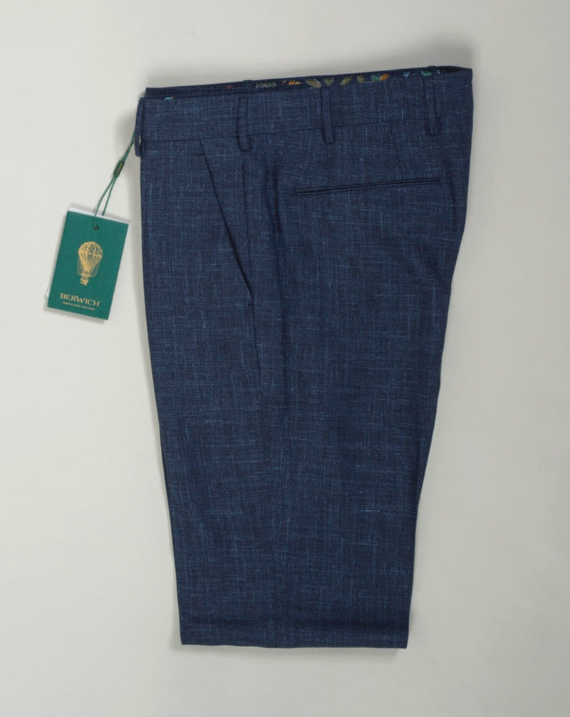 These are made of outstanding Loro Piana Summertime fabric. Wool, silk and linen is a great mix, maintaining the easiness of linen while wool and silk bring durability and touch of luxury to the garment.   Slim fit Fits true to the size. Fabric: Loro Piana Summertime: 71% Virgin wool natural stretch 15% Silk 14% Linen Color: Blue Button closure with zippered fly Slanted front pockets and two back pockets Model: Morello Article: lp183u Made in Martina Franca, Italy