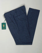 These are made of outstanding Loro Piana Summertime fabric. Wool, silk and linen is a great mix, maintaining the easiness of linen while wool and silk bring durability and touch of luxury to the garment.   Slim fit Fits true to the size. Fabric: Loro Piana Summertime: 71% Virgin wool natural stretch 15% Silk 14% Linen Color: Blue Button closure with zippered fly Slanted front pockets and two back pockets Model: Morello Article: lp183u Made in Martina Franca, Italy