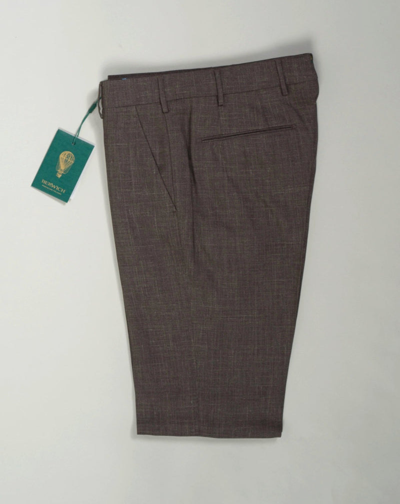 These are made of outstanding Loro Piana Summertime fabric. Wool, silk and linen is a great mix, maintaining the easiness of linen while wool and silk bring durability and touch of luxury to the garment.   Slim fit Fits true to the size. Fabric: Loro Piana Summertime: 71% Virgin wool natural stretch 15% Silk 14% Linen Color: Brown Button closure with zippered fly Slanted front pockets and two back pockets Model: Morello Article: lp183u Made in Martina Franca, Italy