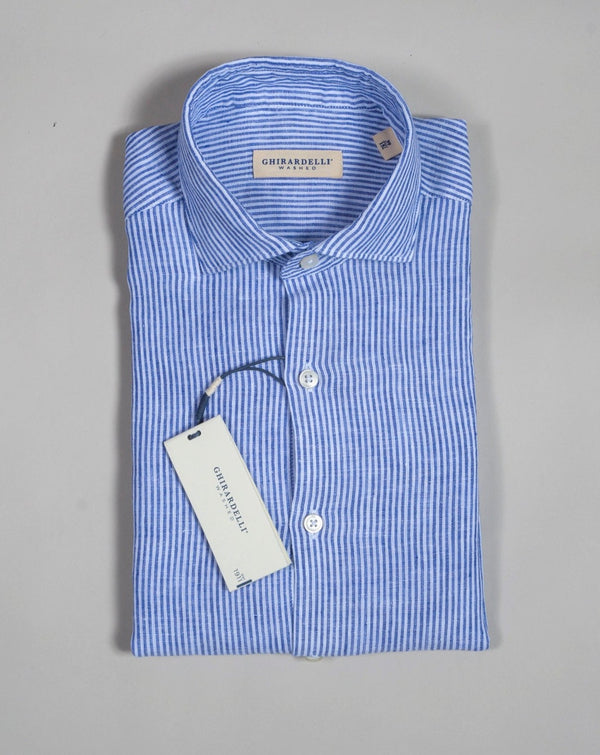 Blue striped long sleeved linen shirt from Ghirardelli. Washed to give the garment soft touch and relaxed look.  Composition: 100% Linen Color: Blue Long sleeves Removable collar bones