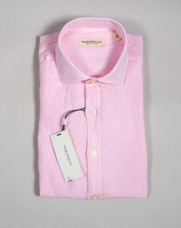 Pink long sleeved linen shirt from Ghirardelli. Washed to give the garment soft touch and relaxed look.  Composition: 100% Linen Color: Pink Long sleeves Removable collar bones