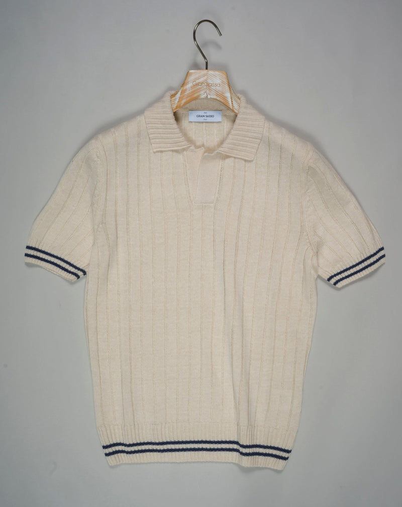Article: 23140 / 18624 Color: 005 / Cream Composition: 68% Linen 32% Cotton Model: Tennis Made in Italy Gran Sasso Ribbed Linen & Cotton Shirt / Cream
