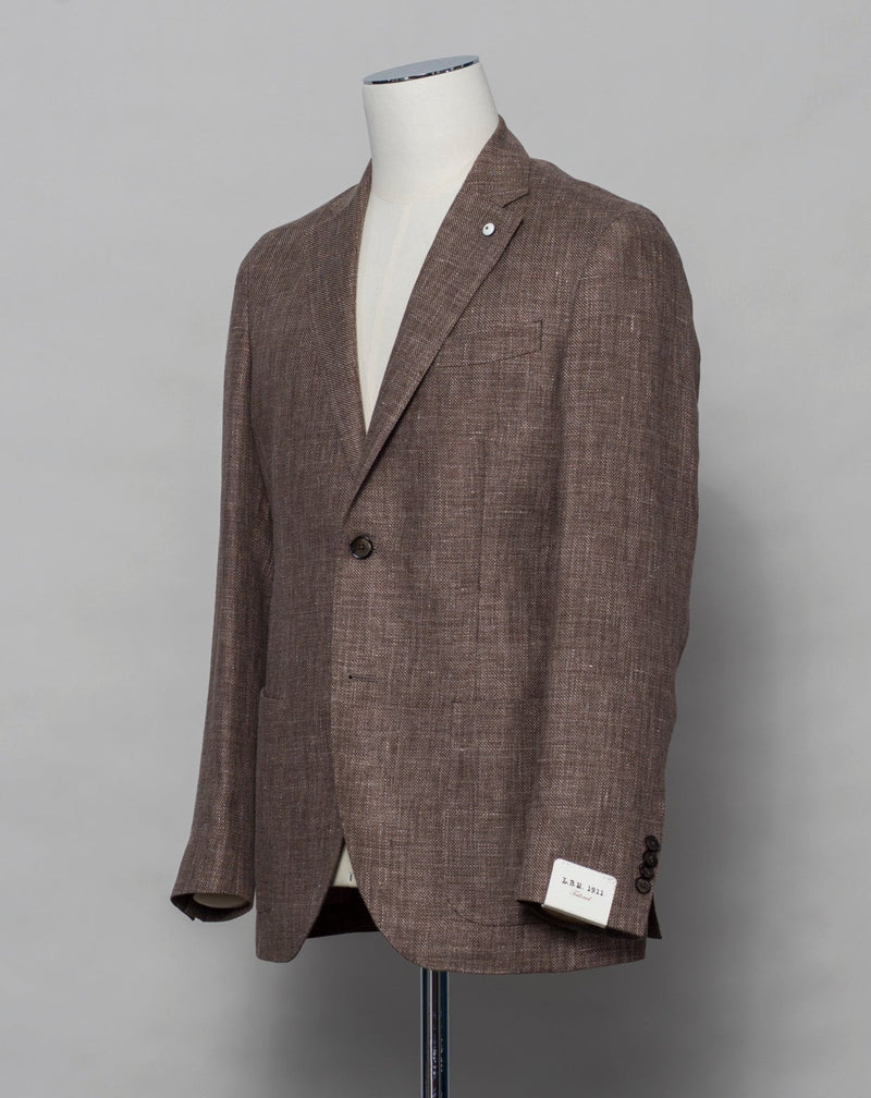 Unconstructed Patch pockets 2 Buttons Side vents Article: 32048 Model: 2652 Color: Brown / 4 Composition: 60% Linen 40% Wool L.B.M. 1911 Linen & Wool Panama Jacket / Brown