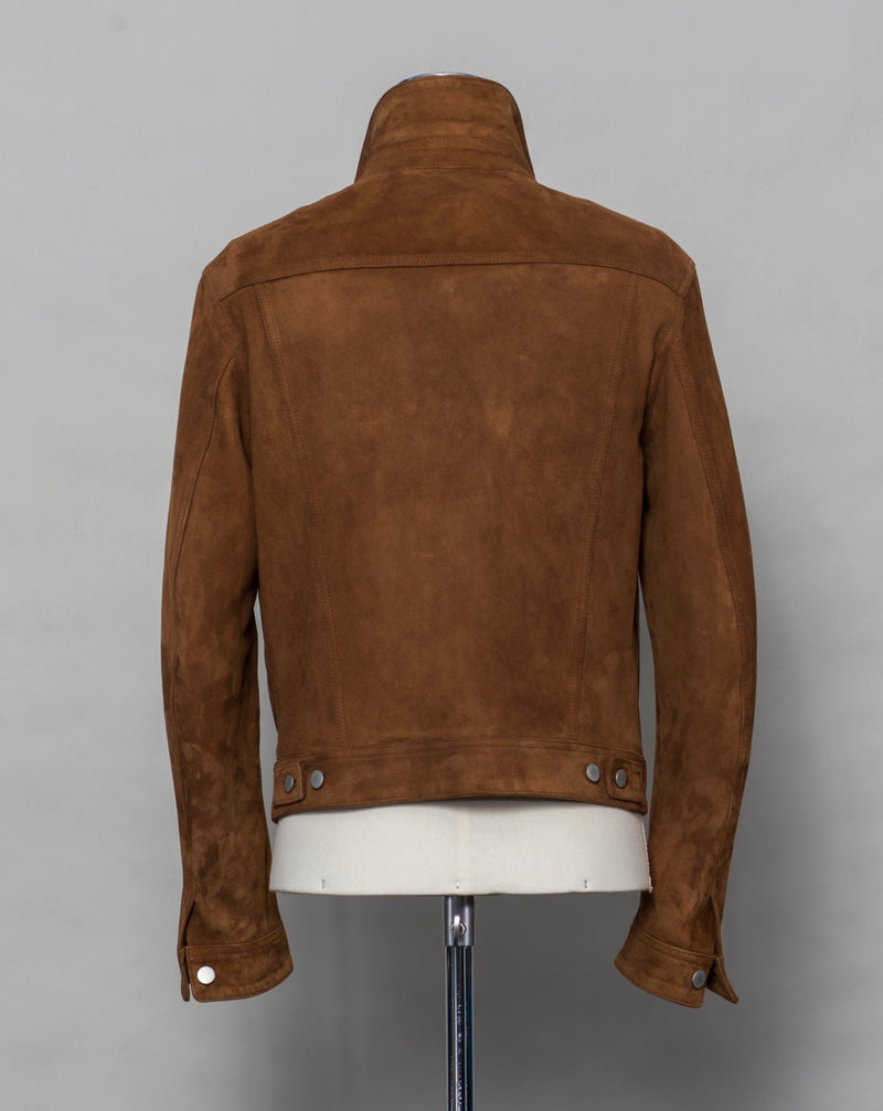 Model: Sivello Article: CHE23-01 Composition: 100% Lamb Leather Color: Tobacco  Tagliatore Suede Trucker Jacket / Tobacco