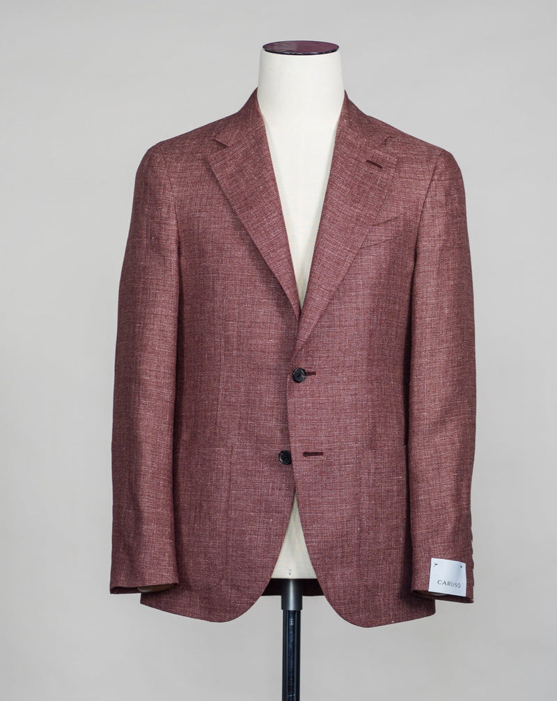 Full canvas Half lined  Unconstructed shoulder Model: Tosca Composition: 58% linen & 42% wool Color: 0360 / Burgundy Article: BF2CM204A Caruso Linen & Wool Jacket / Burgundy Melange