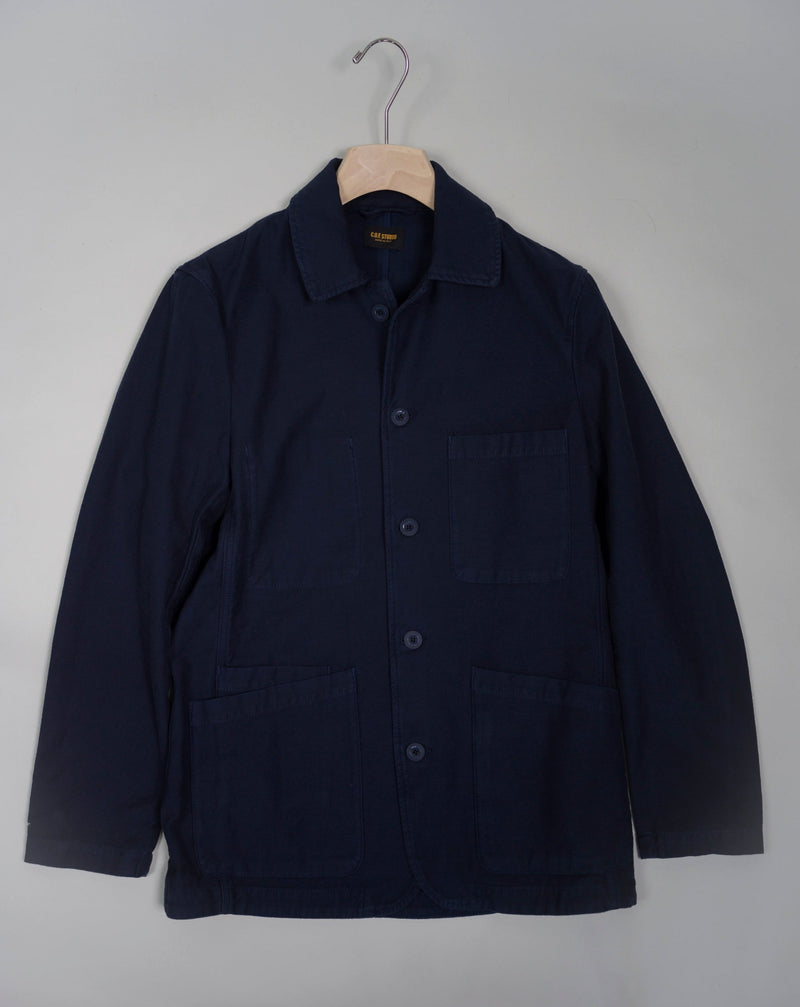 Model: Brewer Jacket Article: COF J04 E10 Color: 402 / Navy 100% Cotton Made in Veneto, Italy C.O.F. Studio Reverse Sateen Cotton Brewer Jacket / Navy