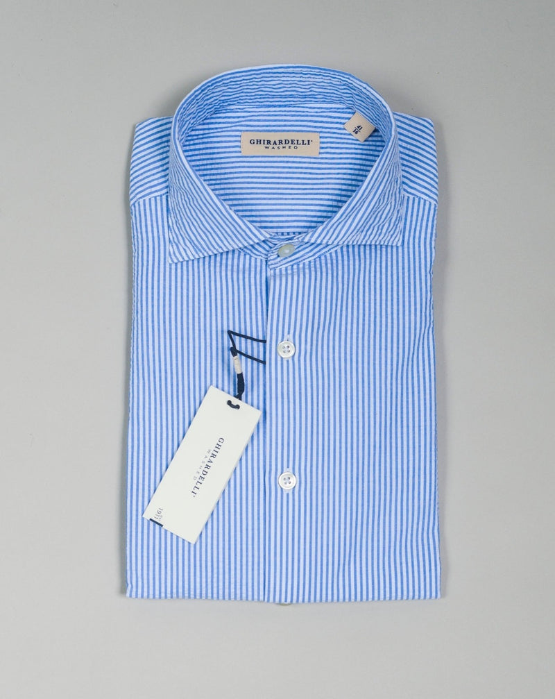 Color: 02 / Light Blue & White Composition: 100% Cotton Article: TS4330 Ghirardelli Striped Seersucker Cotton Shirt / Light Blue & White