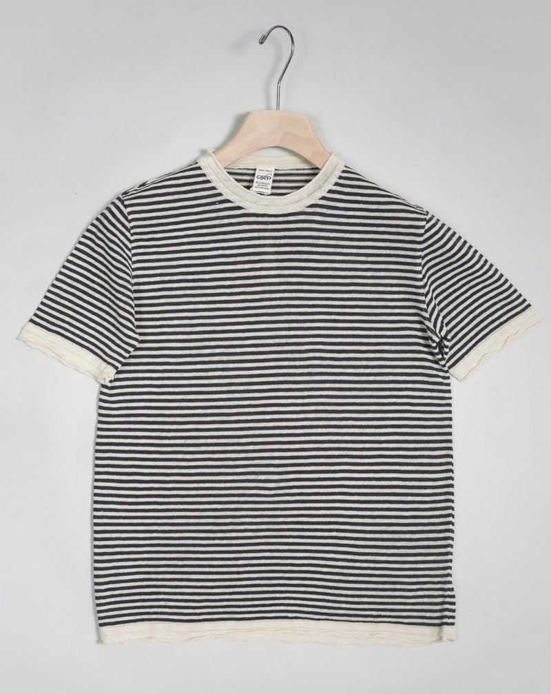 G.R.P. striped linen t-shirt. 100% Linen Art. PLR 100 Short Sleeve Col. Ecru & Blue Crewneck  G.R.P. Firenze Striped Linen T-Shirt /  Ecru & Navy