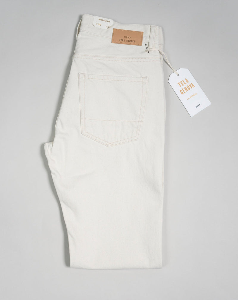 Composition: 100% Cotton 5-Pocket Color: Ecru Model: Davide Article: KD-14570 Selvedge denim Made in Italy Tela Genova Selvedge Jeans / Ecru