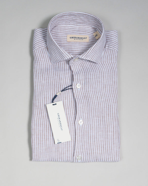 Light brown striped long sleeved linen shirt from Ghirardelli. Washed to give the garment soft touch and relaxed look.  Composition: 100% Linen Color: Light Brown Long sleeves Removable collar bones