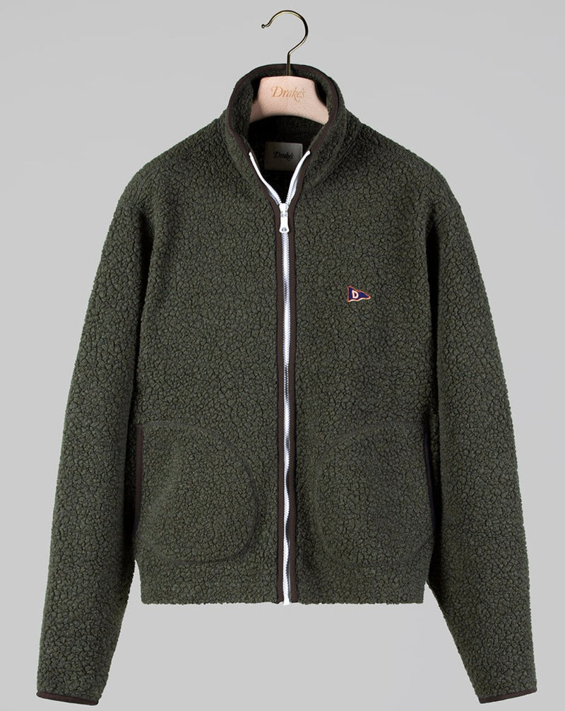 Drake's Boucle Wool Zip Fleece Jacket / Olive