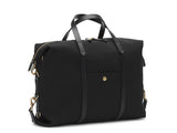 Measurements:    L: 42(52)  H: 31(41)  W: 12(4) cm Body: Waterproof hard woven Italian nylon  Fabric composition: PA 42% CO 38% PU 20%  /  826g /m Trimmings: Dark brown custom developed vegetable tanned full-grain bridle leather Lining: 100% cotton in army colour  Hardware: Solid brass with varnish protection  Zipper: Hand polished YKK Excella Art. No. MS121312 A flexible duffle/work bag that can be adjusted in size by attaching the snap hooks in each corner of the bag to the brass D-rings on the gusset. 